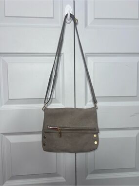 Hammitt VIP Medium Leather Crossbody Pewter Gray Gold Hardware Red Suede Lining